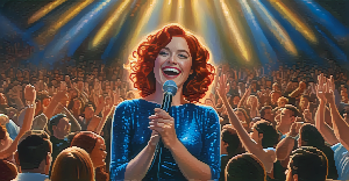A young woman in a sparkling blue dress confidently performs on stage, engaging an enthusiastic audience with warm spotlighting and colorful stage lights.