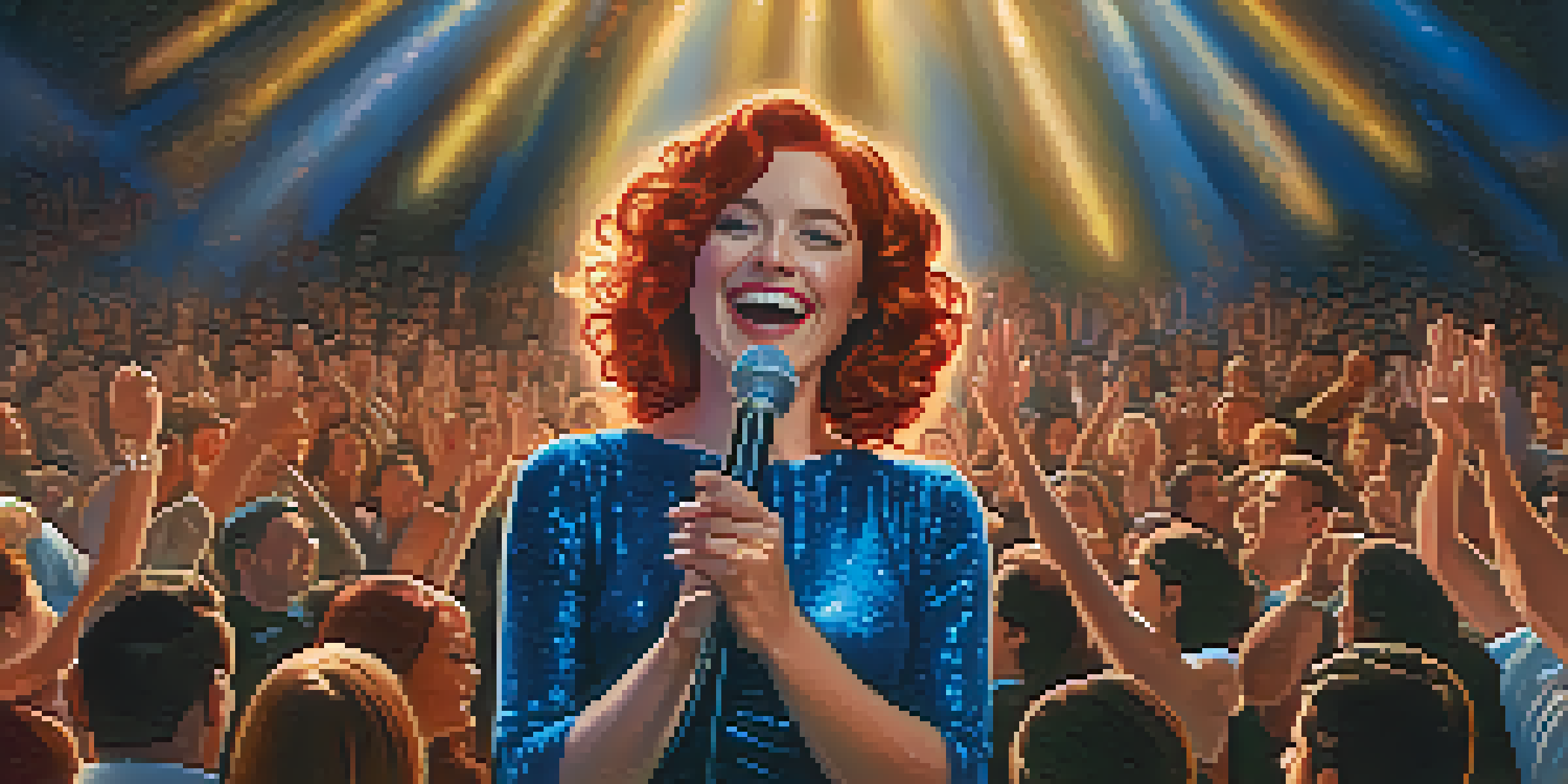 A young woman in a sparkling blue dress confidently performs on stage, engaging an enthusiastic audience with warm spotlighting and colorful stage lights.