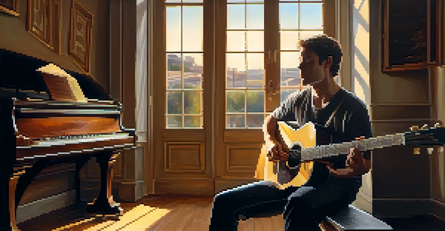 A guitarist on a wooden stage, surrounded by sheets of music, experimenting with intervals in a warm light.