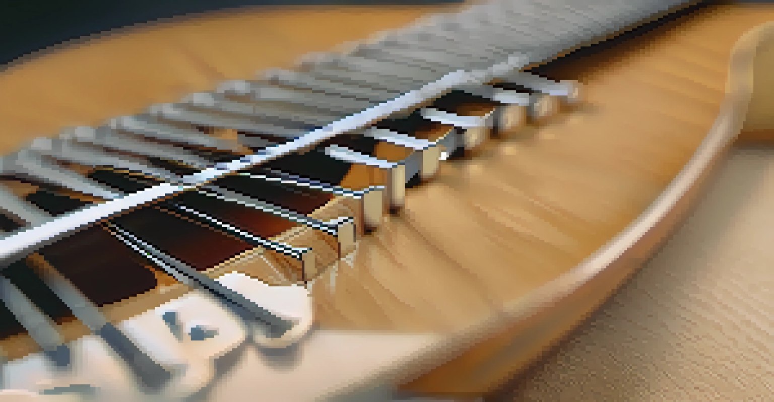 Close-up of a guitar fretboard being cleaned, showing its rich texture and strings slightly loosened.