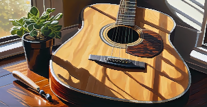 A close-up of an acoustic guitar on a wooden table with sunlight creating shadows, featuring potted plants and a vintage metronome in the background.