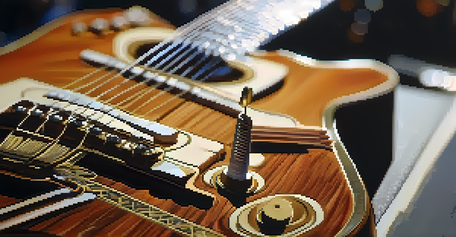 A detailed close-up of an acoustic guitar on a stand, with blurred competitors preparing in the background.