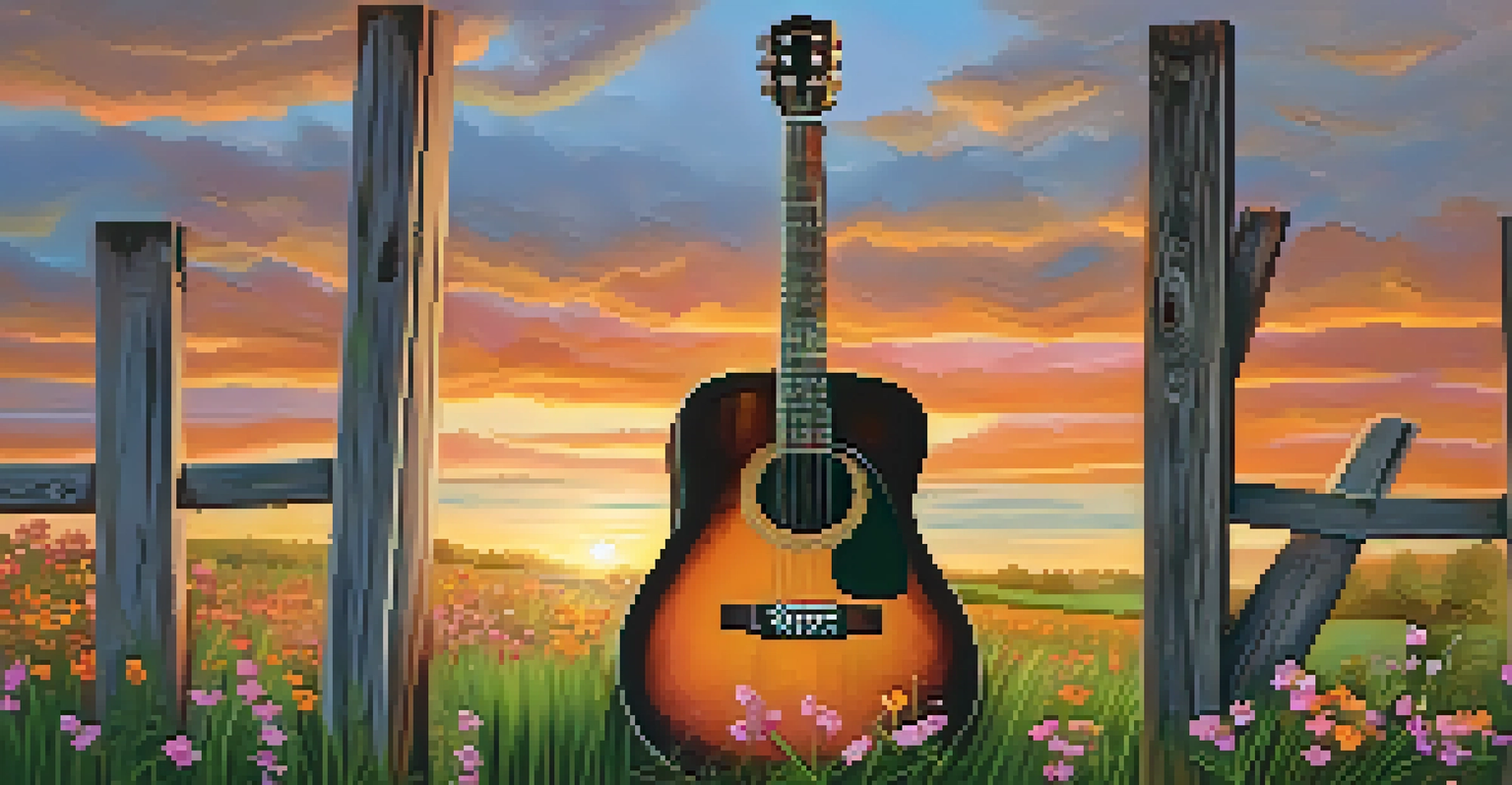 An acoustic guitar against a rustic fence in a green field at sunset with wildflowers nearby.