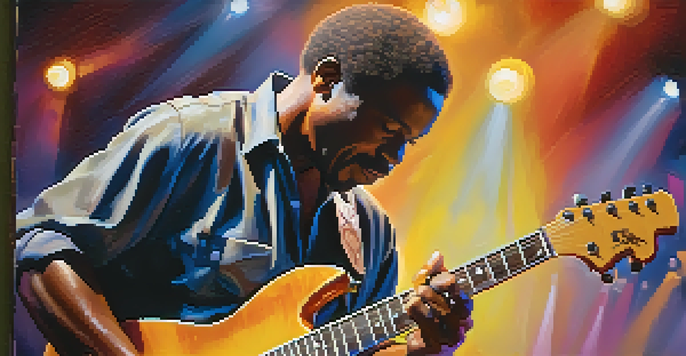 A middle-aged African American man playing a vintage guitar on stage, with colorful lights and a blurred audience in the background.