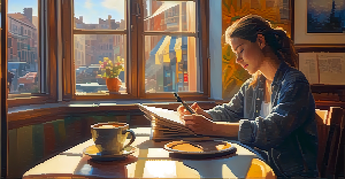 A songwriter in a cozy café, writing lyrics with a guitar and a cup of coffee, illuminated by warm sunlight.
