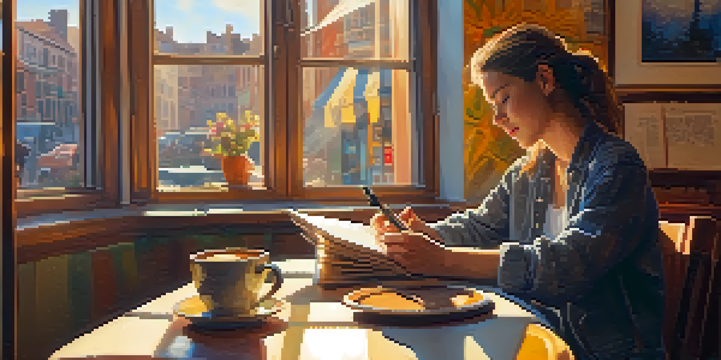 A songwriter in a cozy café, writing lyrics with a guitar and a cup of coffee, illuminated by warm sunlight.