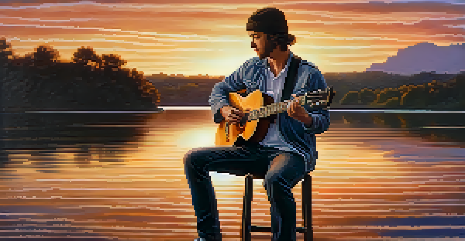 A guitarist playing an electric guitar by a river during sunset, with warm colors reflecting on the water, creating a peaceful atmosphere.