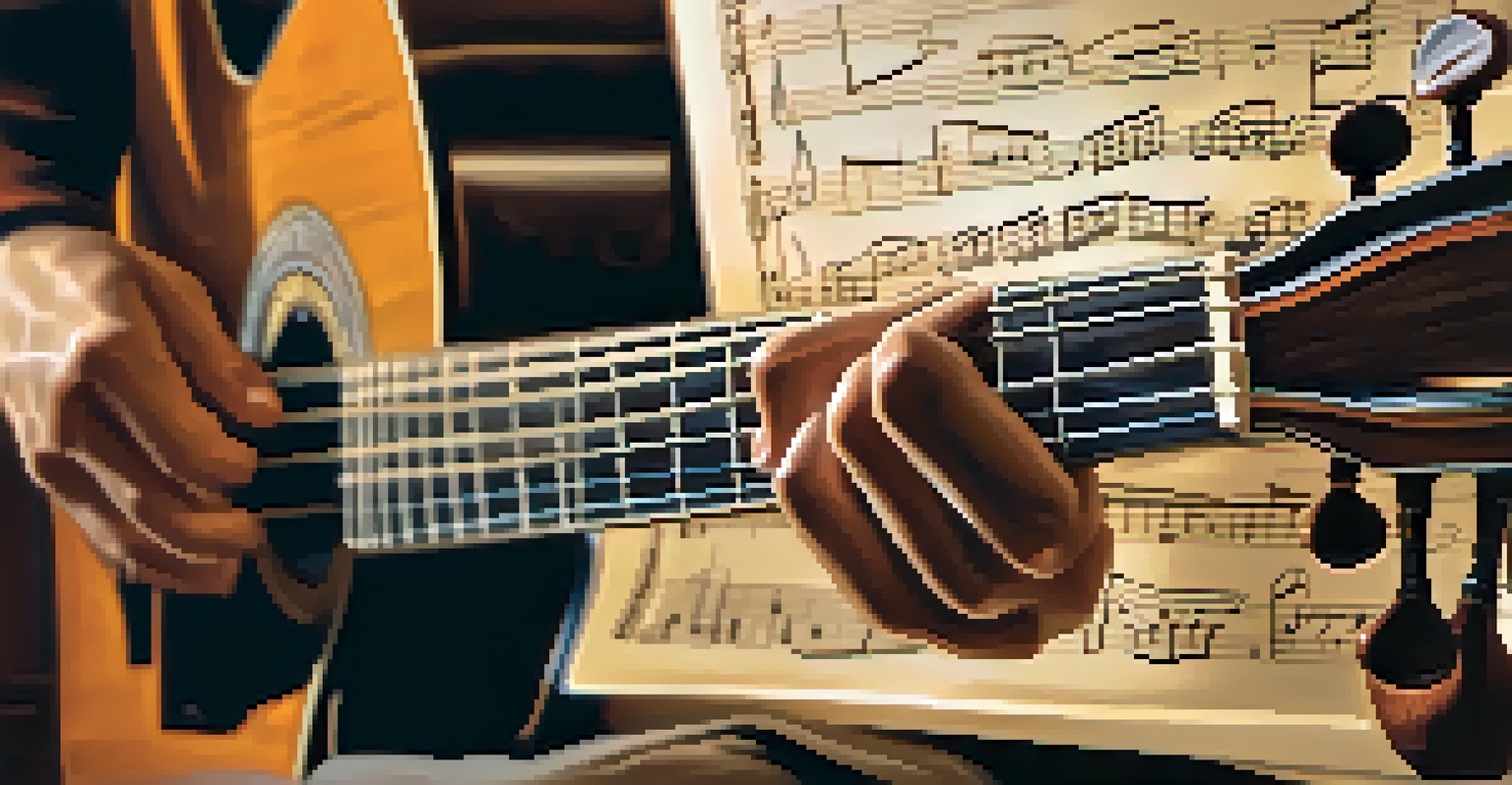 Close-up of a musician's hands playing a classical guitar, showing details of the instrument and sheet music.