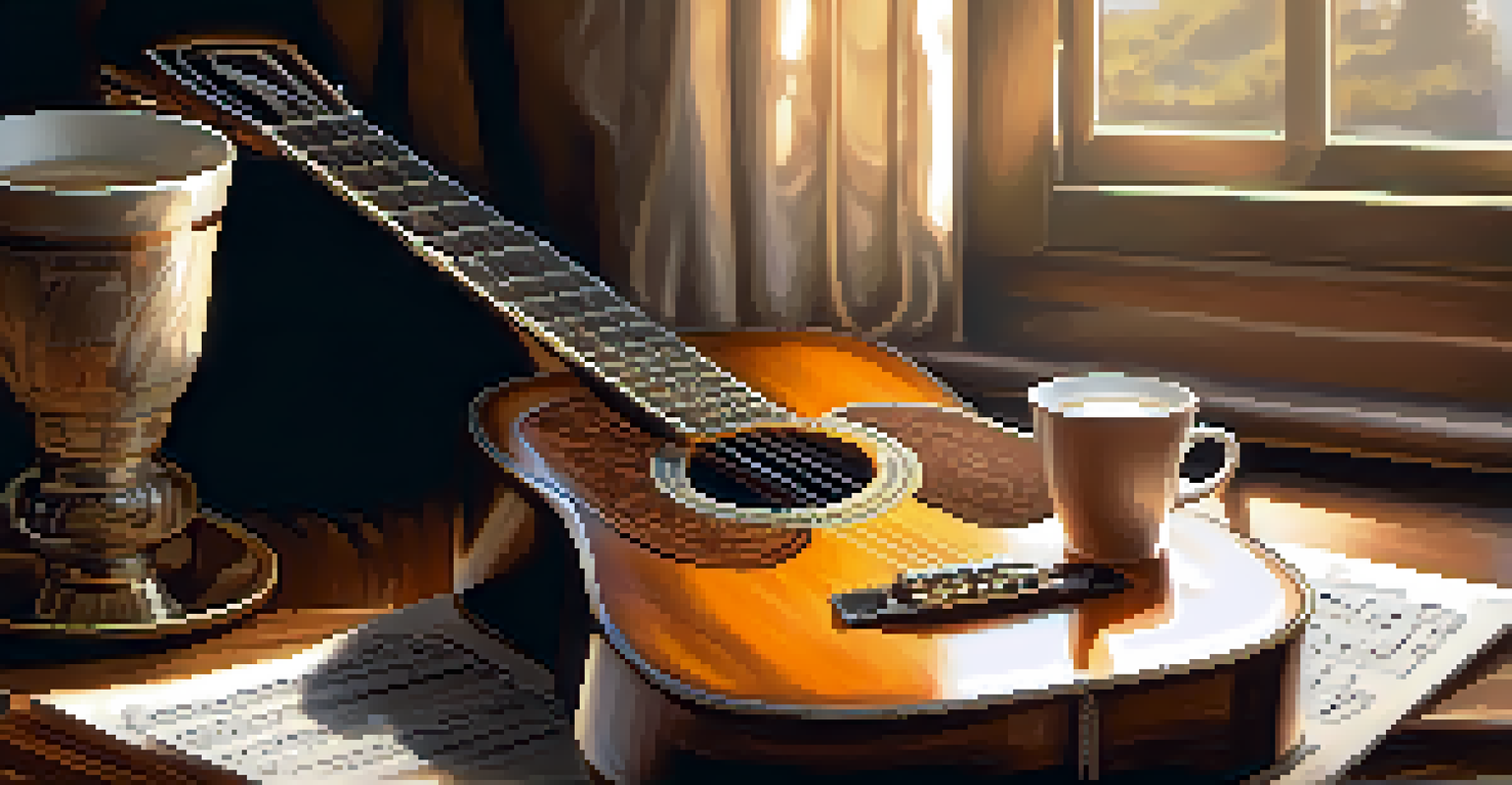 A close-up of an acoustic guitar on a wooden table, accompanied by sheet music and a cup of coffee, illuminated by warm lighting.