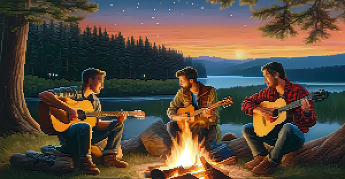 A group of musicians playing acoustic guitars around a campfire under a starry night sky.