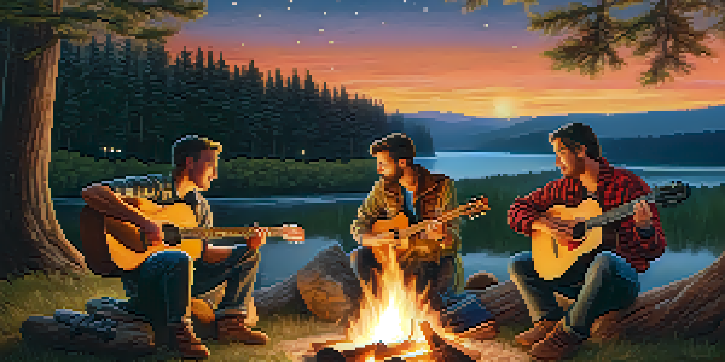 A group of musicians playing acoustic guitars around a campfire under a starry night sky.