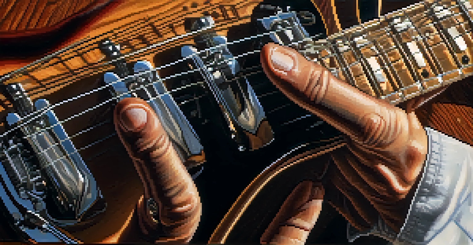 A guitarist's hands adjusting the strings on an electric guitar, showcasing the details of the guitar's body and frets.