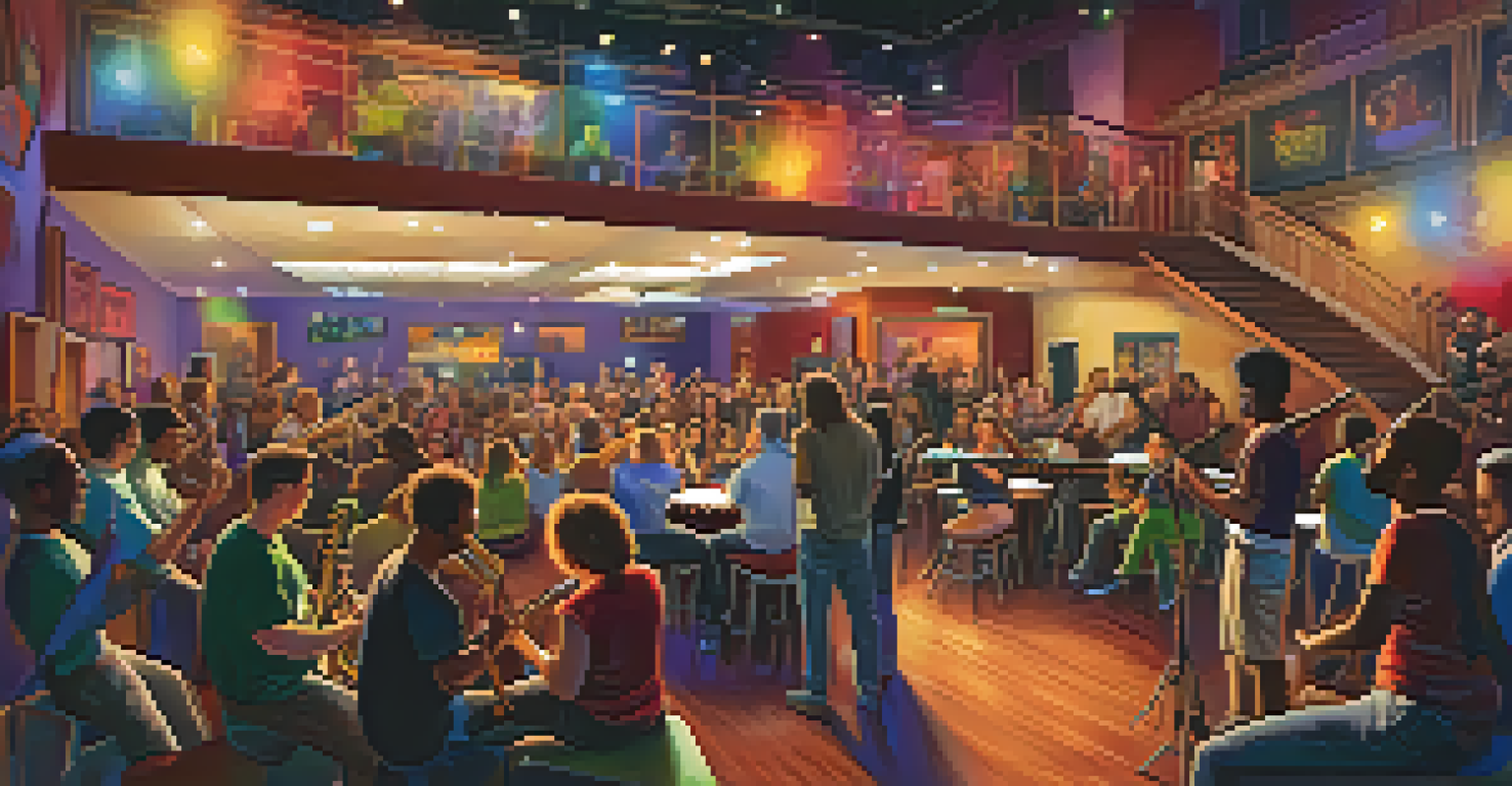 A lively jam session in a music venue with musicians performing together on stage, surrounded by an enthusiastic audience.