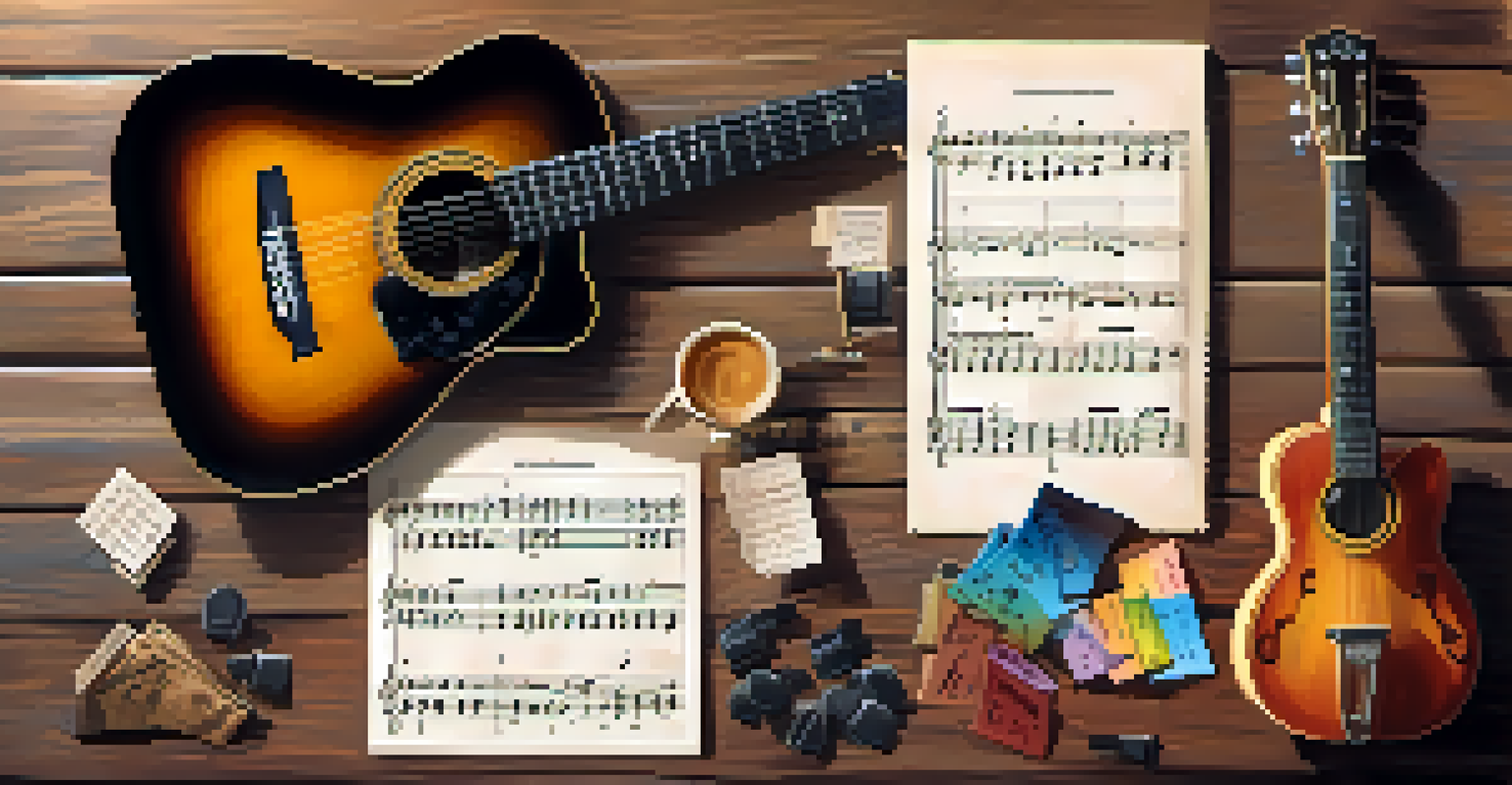 A flat lay of jazz guitar chords on sheet music, accompanied by a guitar pick, coffee cup, and metronome on a rustic table.