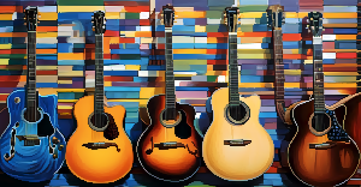 A colorful artistic representation of various guitar styles, arranged in a circular pattern showcasing their unique designs.