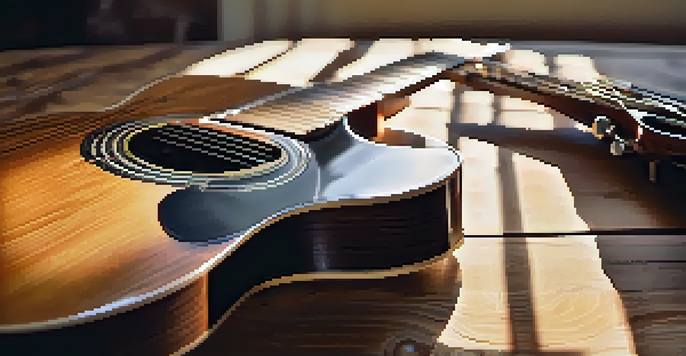 A vintage guitar on a wooden table with natural light highlighting its details.