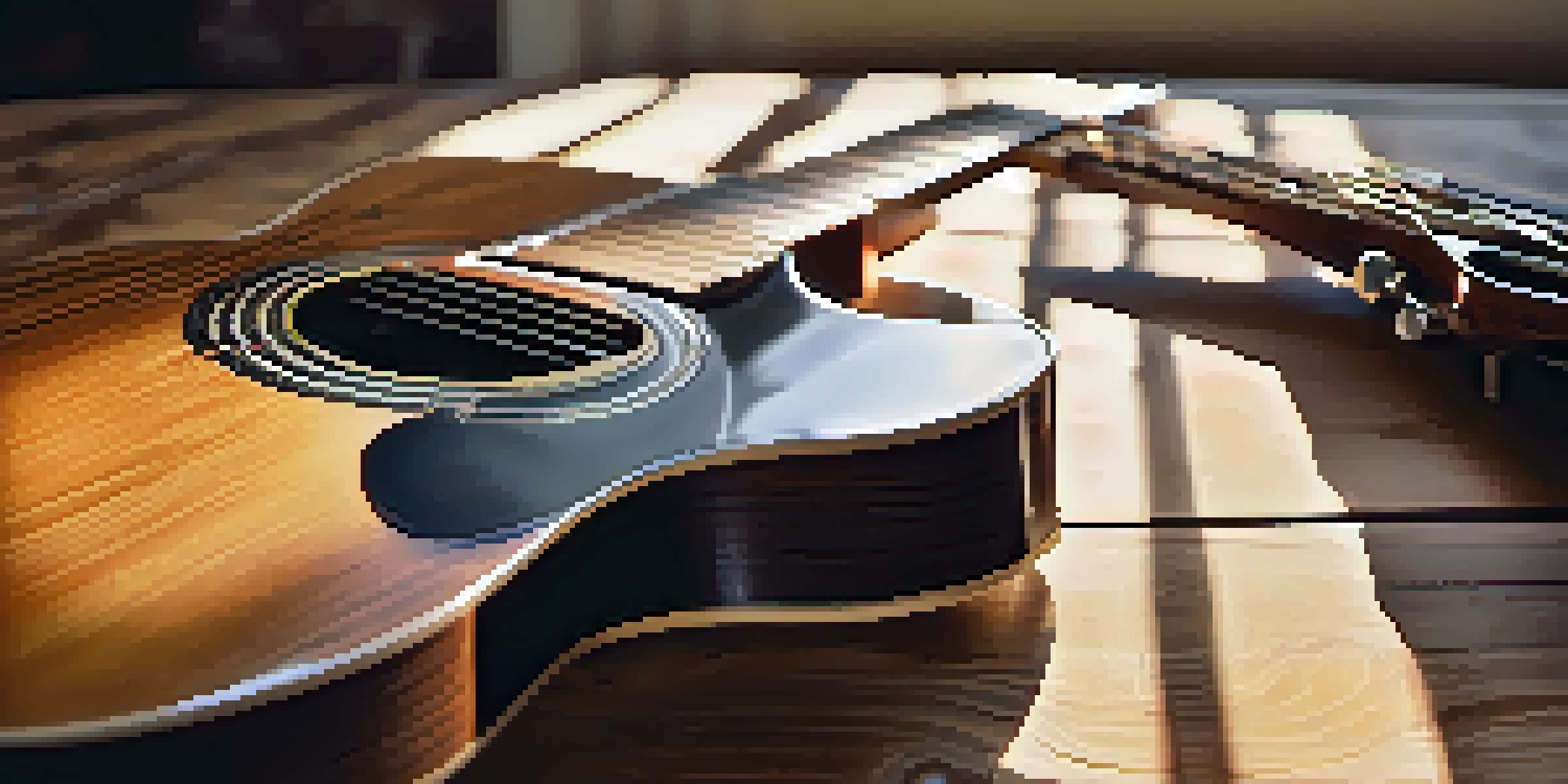 A vintage guitar on a wooden table with natural light highlighting its details.