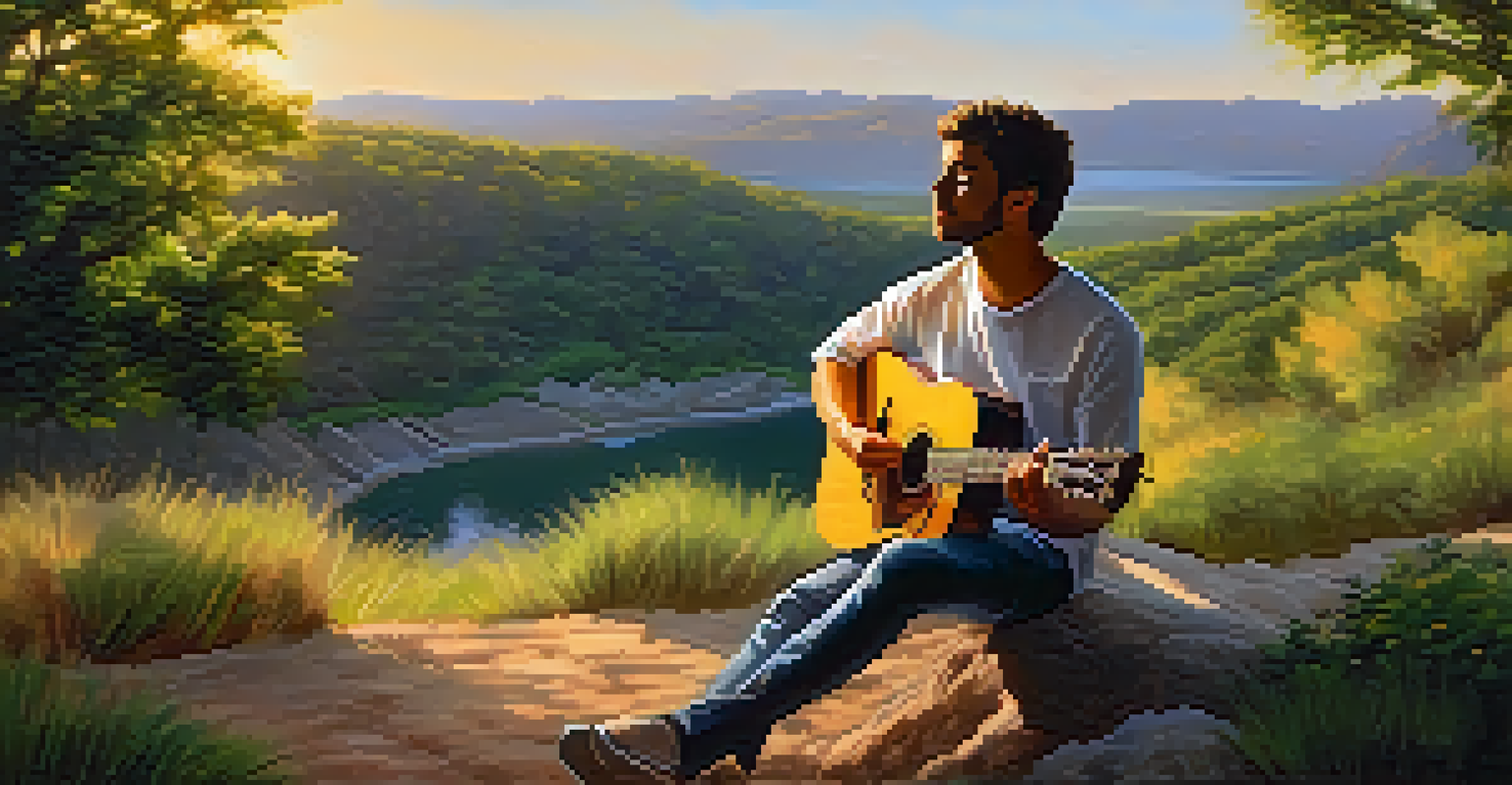 A guitarist practicing outdoors at sunset in a serene green environment.