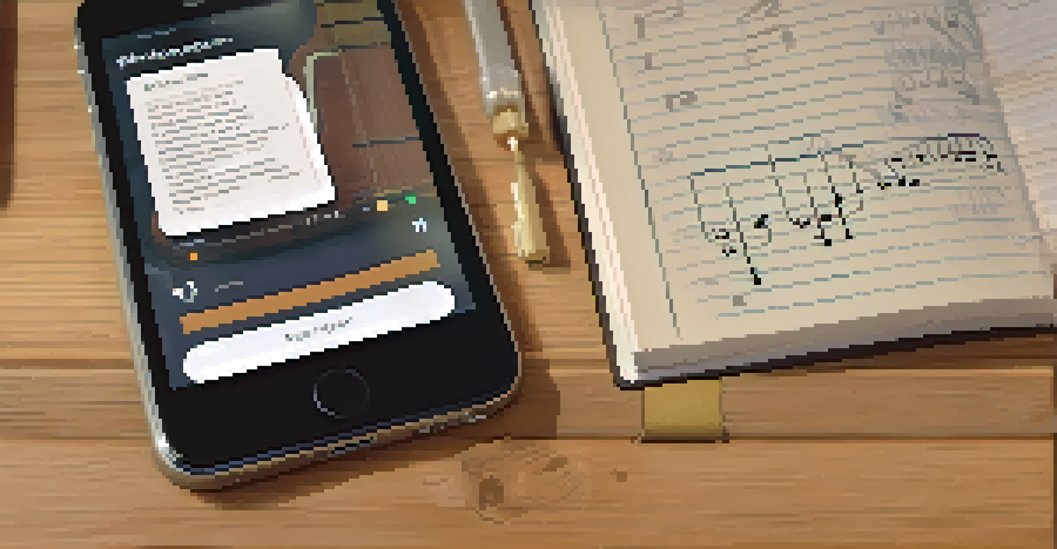 A smartphone showing a guitar practice app on a wooden table with a guitar and a notebook in the background, illuminated by soft light.