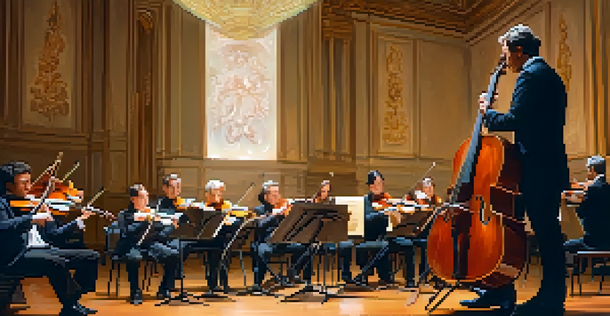 A classical guitarist performing on stage with an orchestra, illuminated by warm lighting, with an audience captivated by the music.