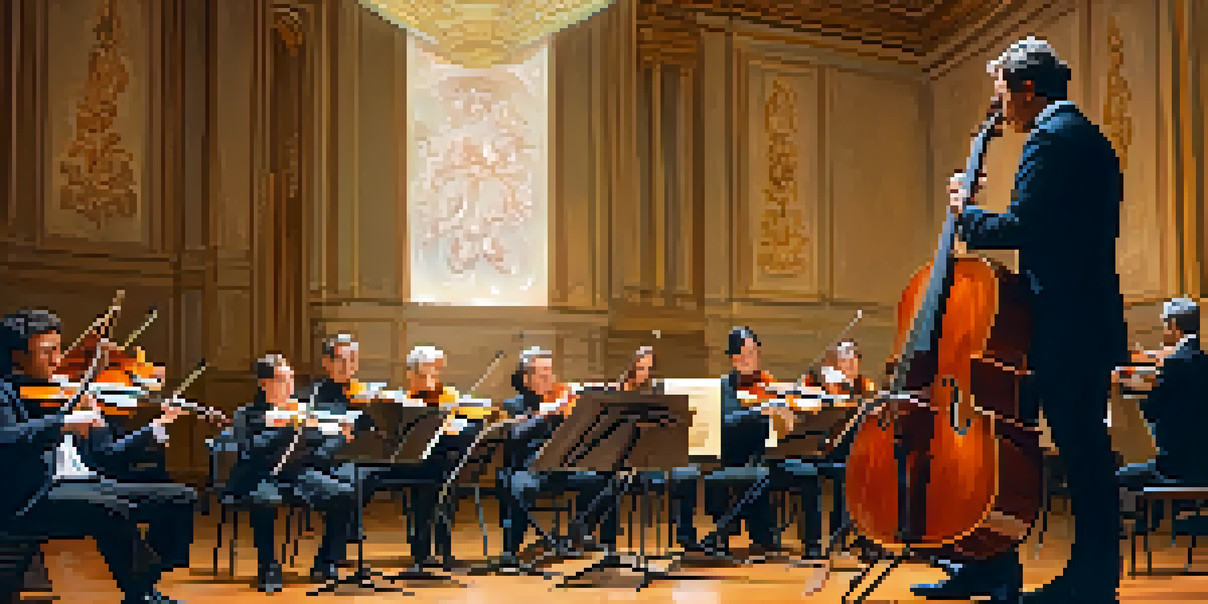 A classical guitarist performing on stage with an orchestra, illuminated by warm lighting, with an audience captivated by the music.