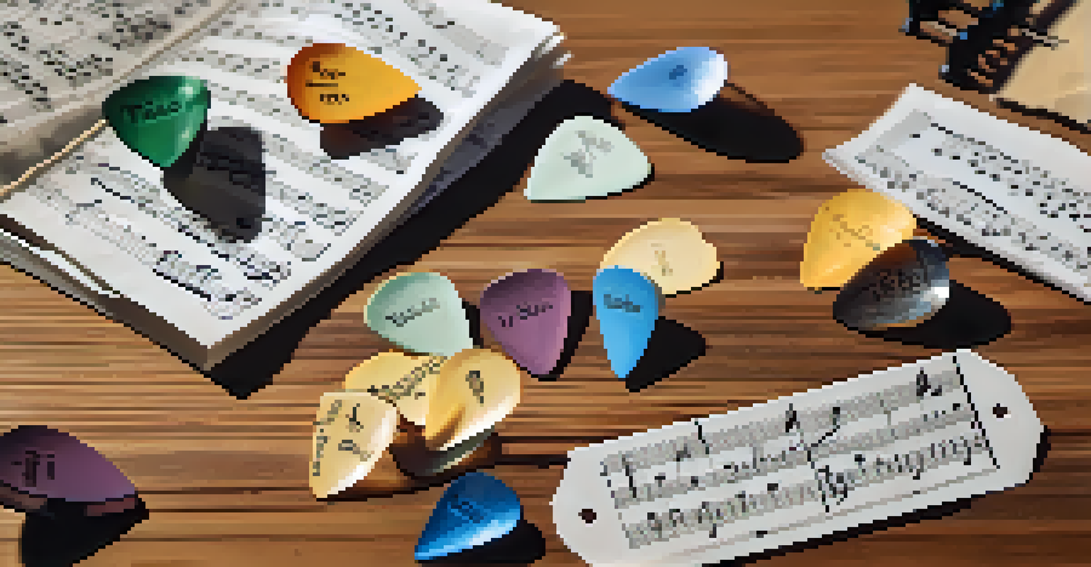 A flat lay of colorful guitar picks and sheet music on a wooden table, illuminated by soft natural light.