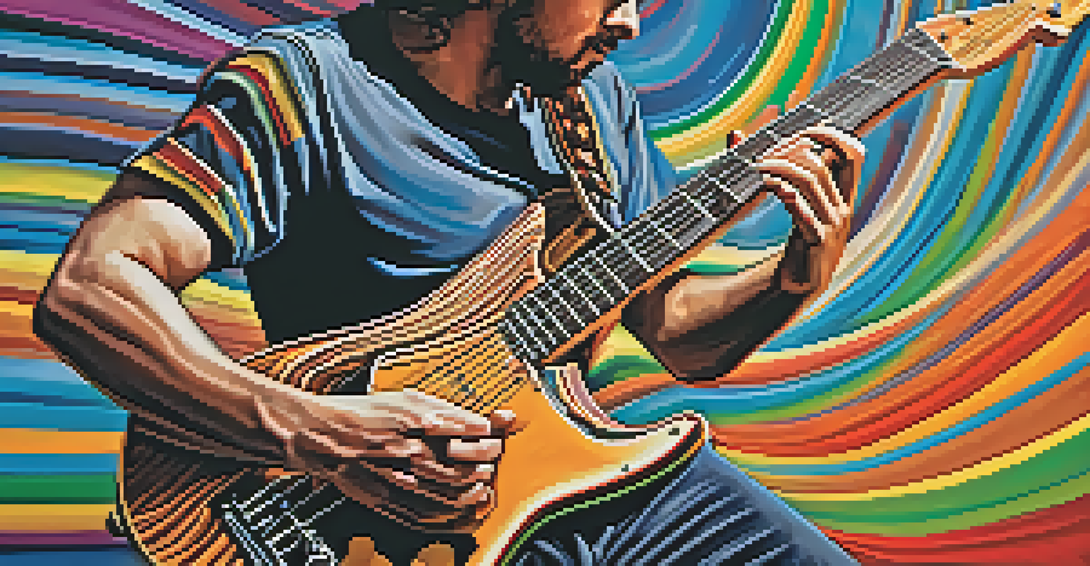 A guitarist demonstrating tapping techniques with both hands on the fretboard, surrounded by colorful sound waves and motion lines.