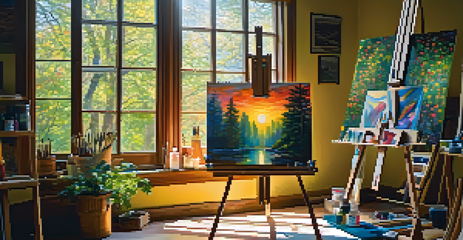 An artist's workspace with an easel, a half-finished painting, and colorful art supplies illuminated by sunlight.