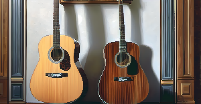 A close-up of an acoustic guitar made from mahogany, displaying detailed wood grain and a shiny surface in a softly lit music room.