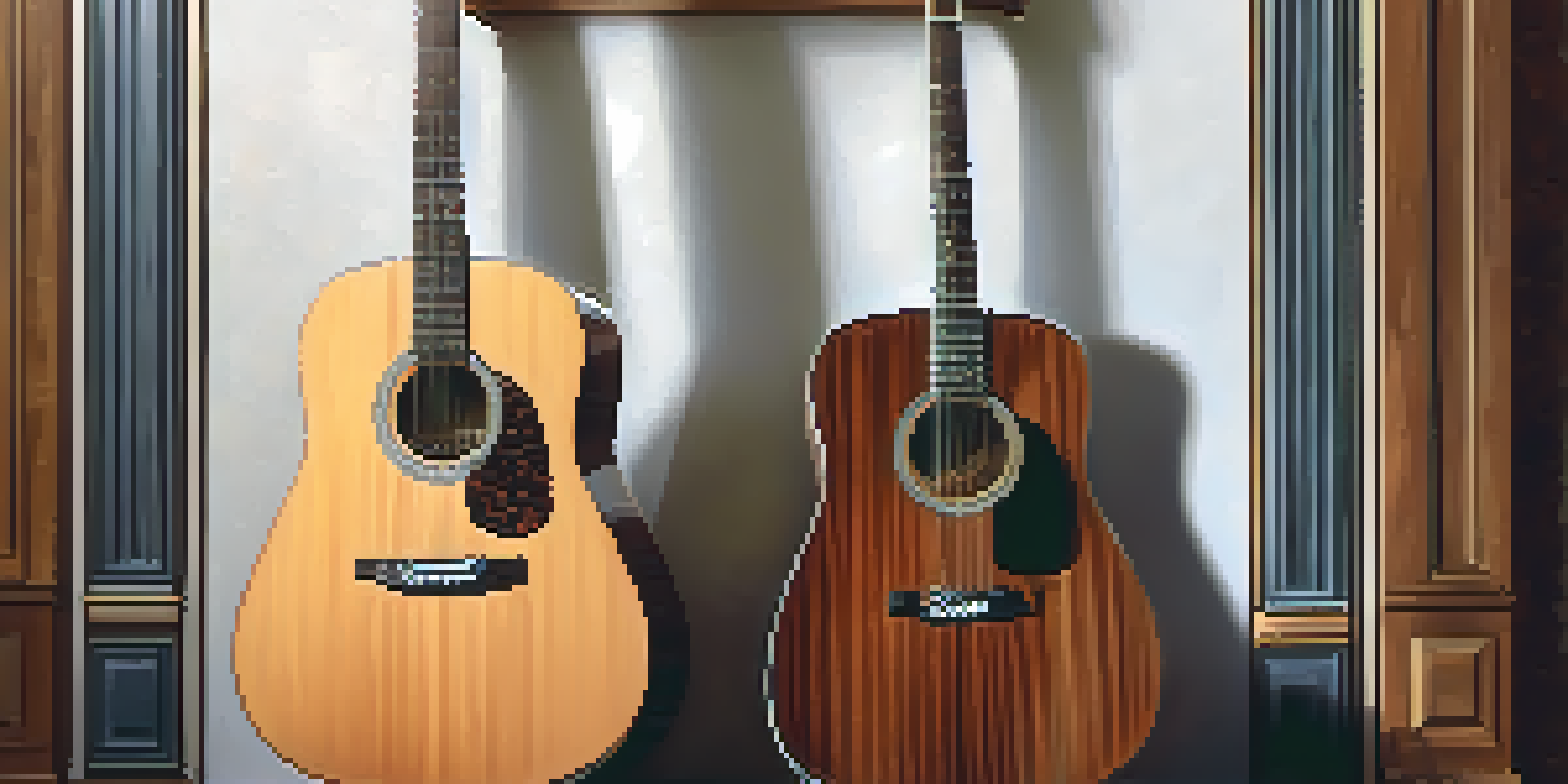 A close-up of an acoustic guitar made from mahogany, displaying detailed wood grain and a shiny surface in a softly lit music room.