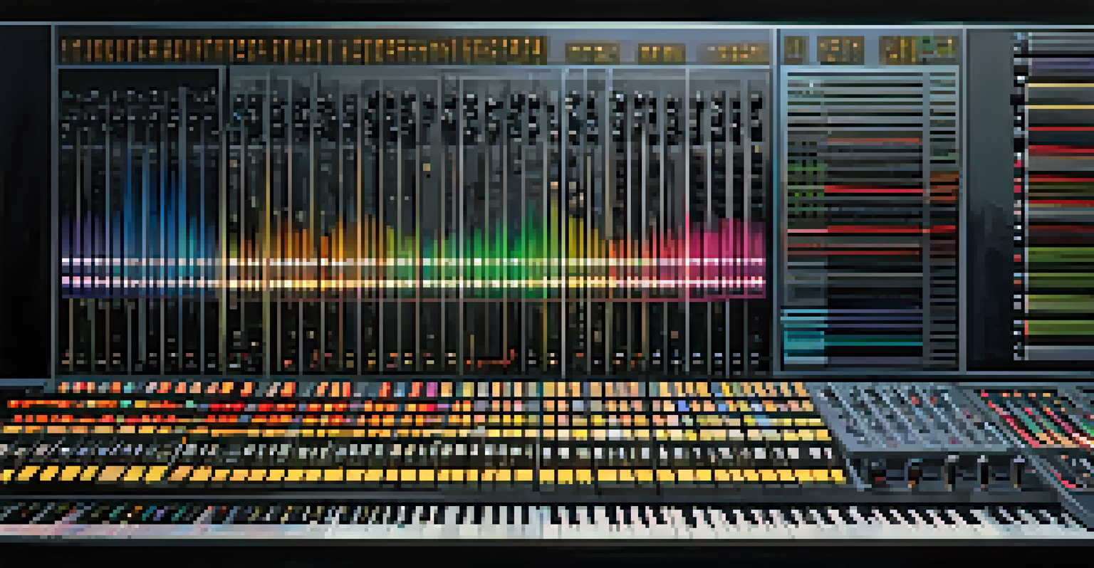 A mixing console with layered electric guitar tracks and sound wave visualizations on a computer screen, illuminated by colorful LED lights.