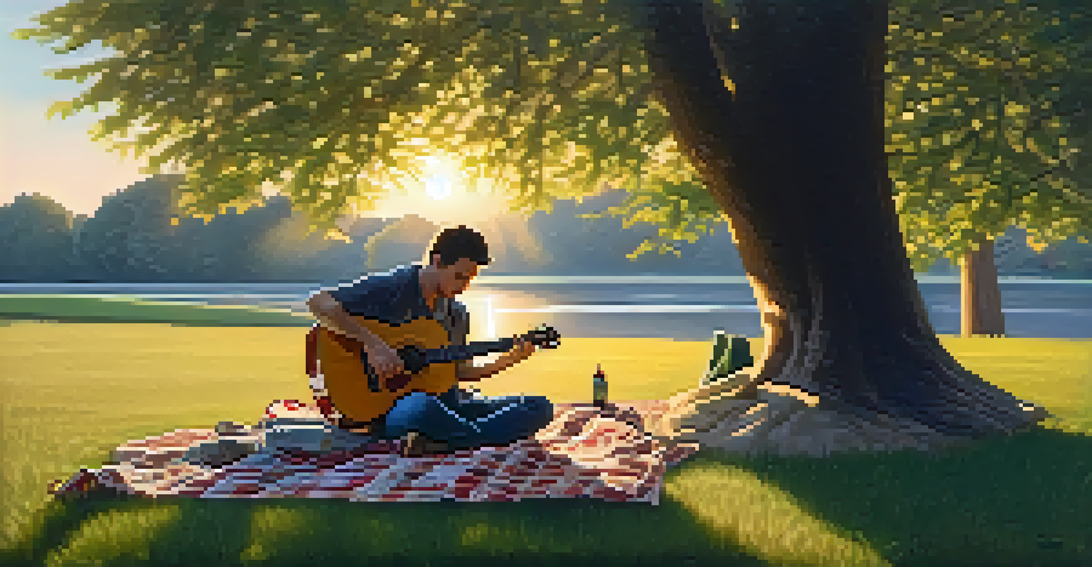 A musician sitting on a picnic blanket in a park practicing guitar during sunset, surrounded by nature.