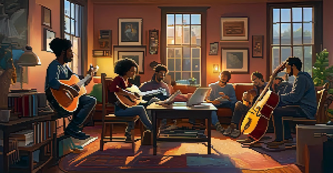 A warm and inviting home studio with diverse guitarists collaborating over a laptop and surrounded by musical instruments.