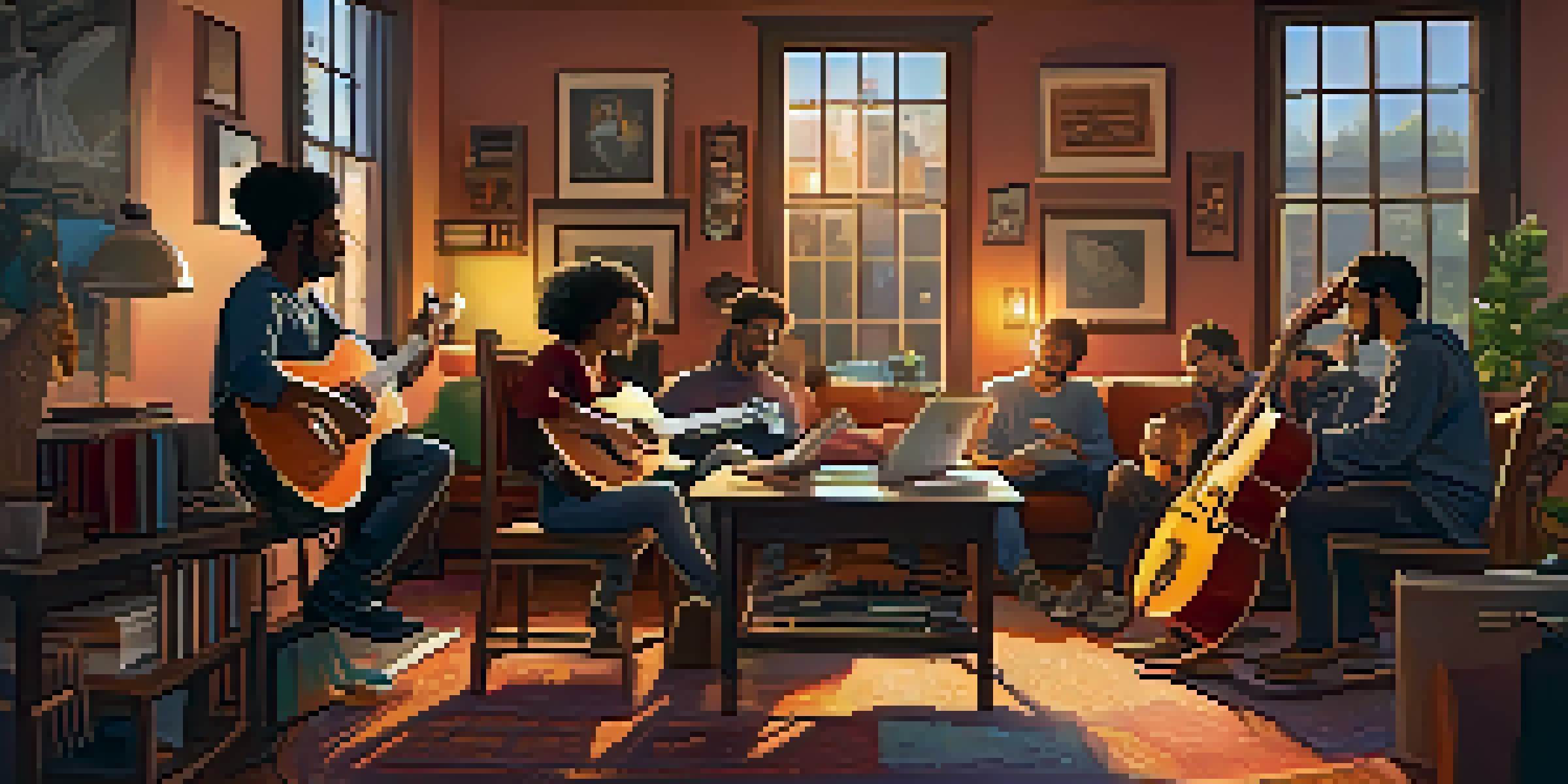 A warm and inviting home studio with diverse guitarists collaborating over a laptop and surrounded by musical instruments.