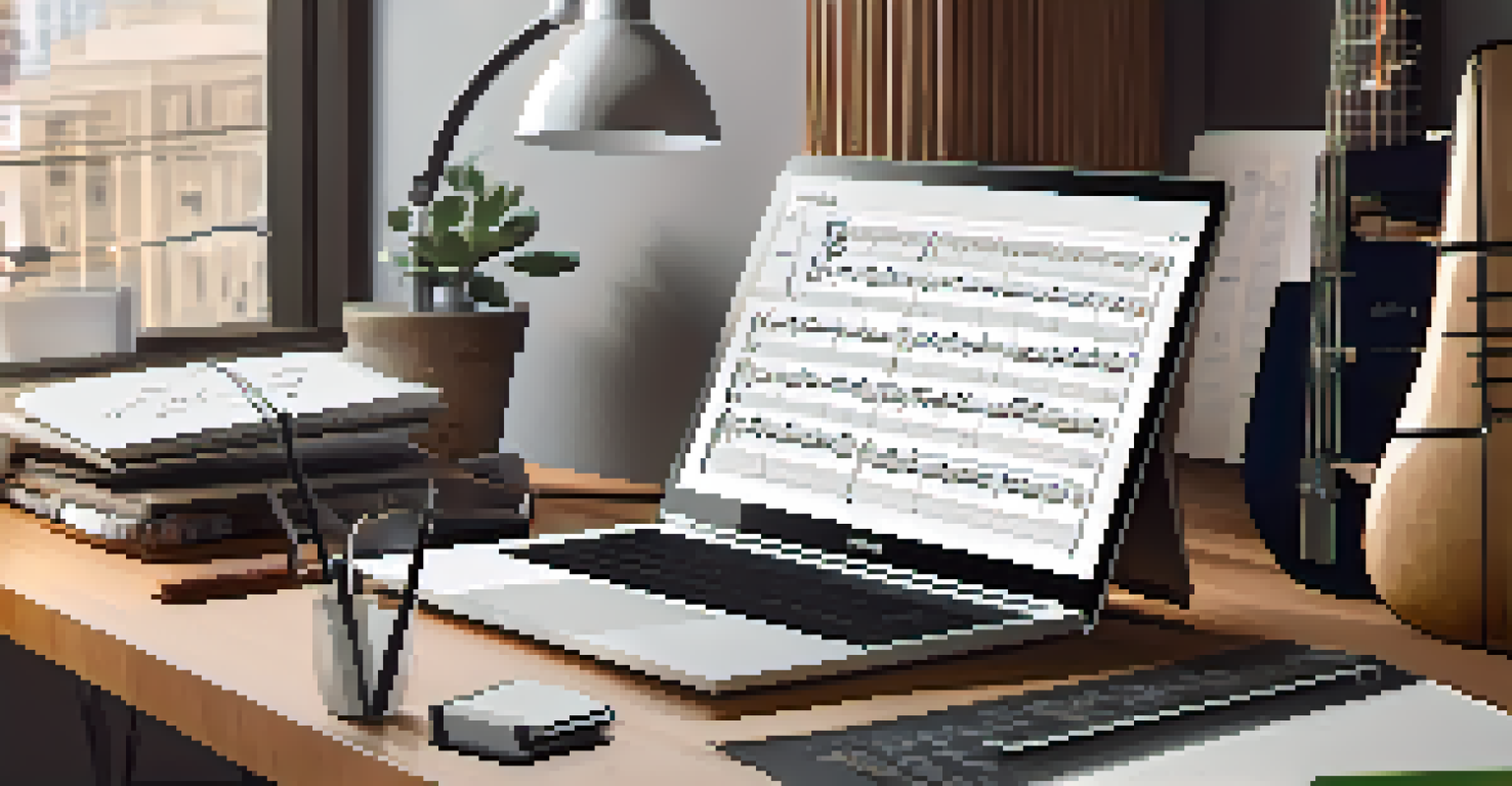 A desk with a laptop showing guitar tablature software, notebook, and an electric guitar, all under soft ambient lighting.