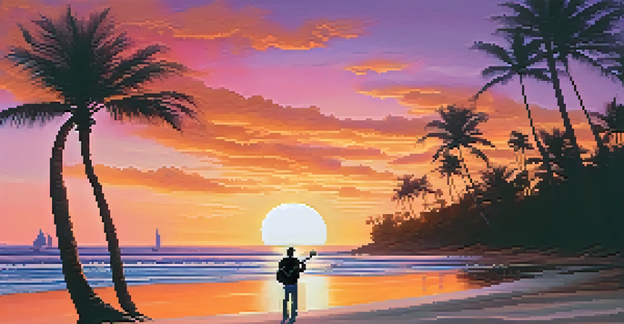 A silhouette of a guitarist against a colorful sunset over a tropical beach, with palm trees and waves.