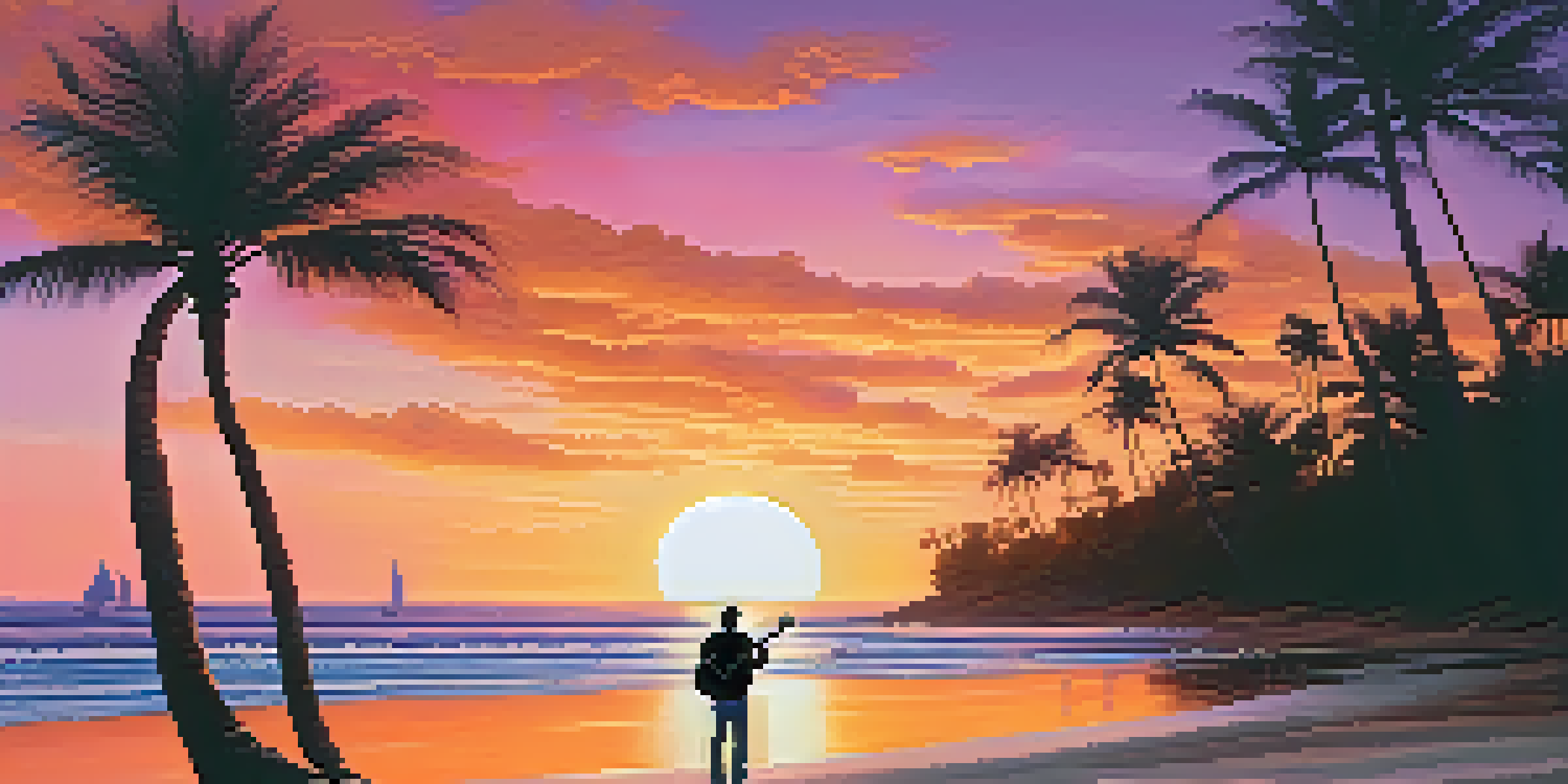 A silhouette of a guitarist against a colorful sunset over a tropical beach, with palm trees and waves.