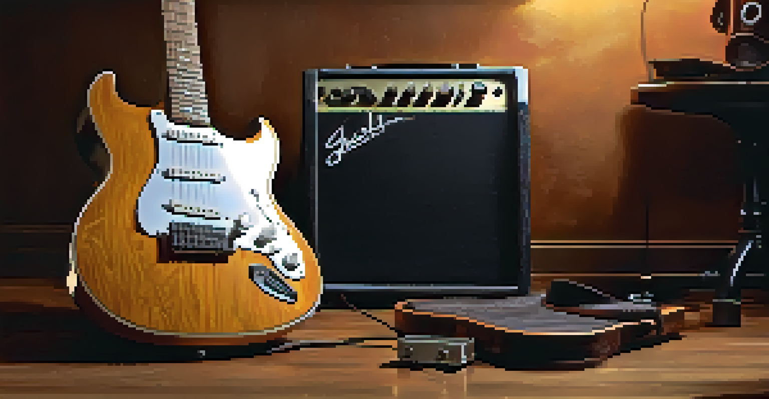An electric guitar next to a vintage amplifier, with a distortion pedal in the foreground, all illuminated by warm ambient light.