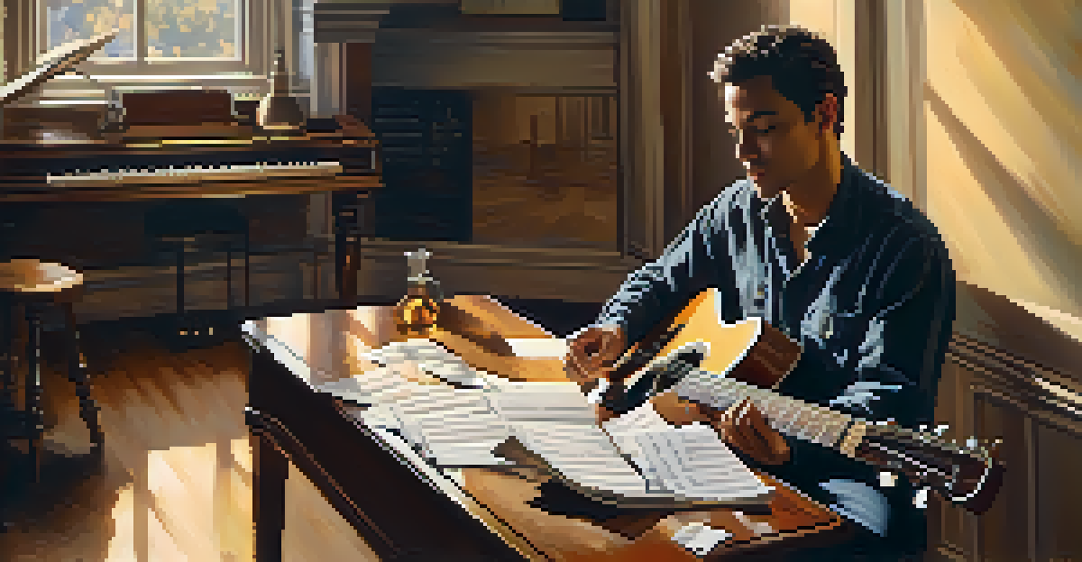 A guitarist practicing warm-up exercises in a cozy room, with a metronome and sheet music nearby, surrounded by warm lighting.
