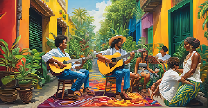 A Brazilian guitarist performing samba music outdoors, surrounded by tropical plants and an audience enjoying the performance.