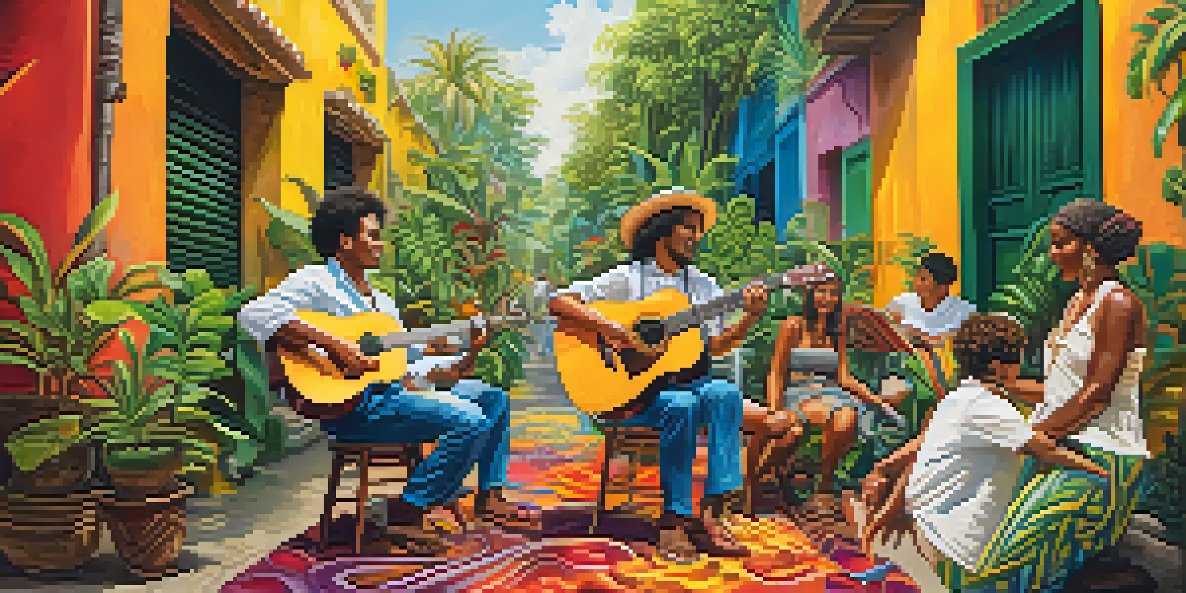 A Brazilian guitarist performing samba music outdoors, surrounded by tropical plants and an audience enjoying the performance.