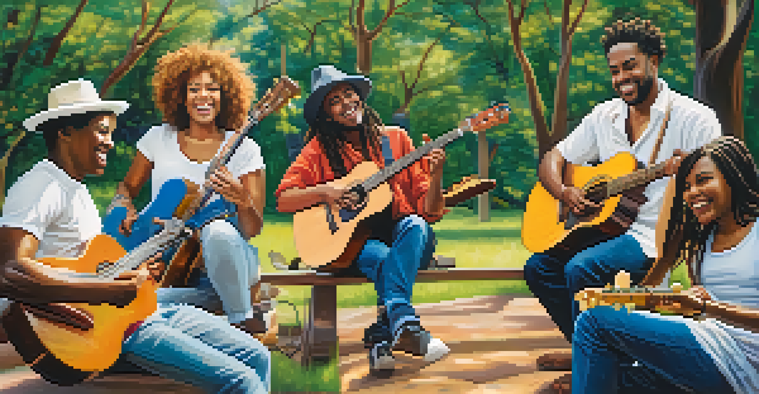 A diverse group of musicians playing guitars outdoors, surrounded by trees and colorful musical notes.