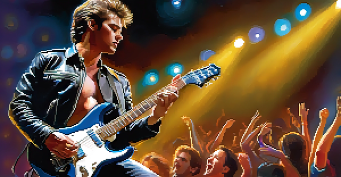 A passionate guitar player performing on stage with colorful lights and an engaged audience.