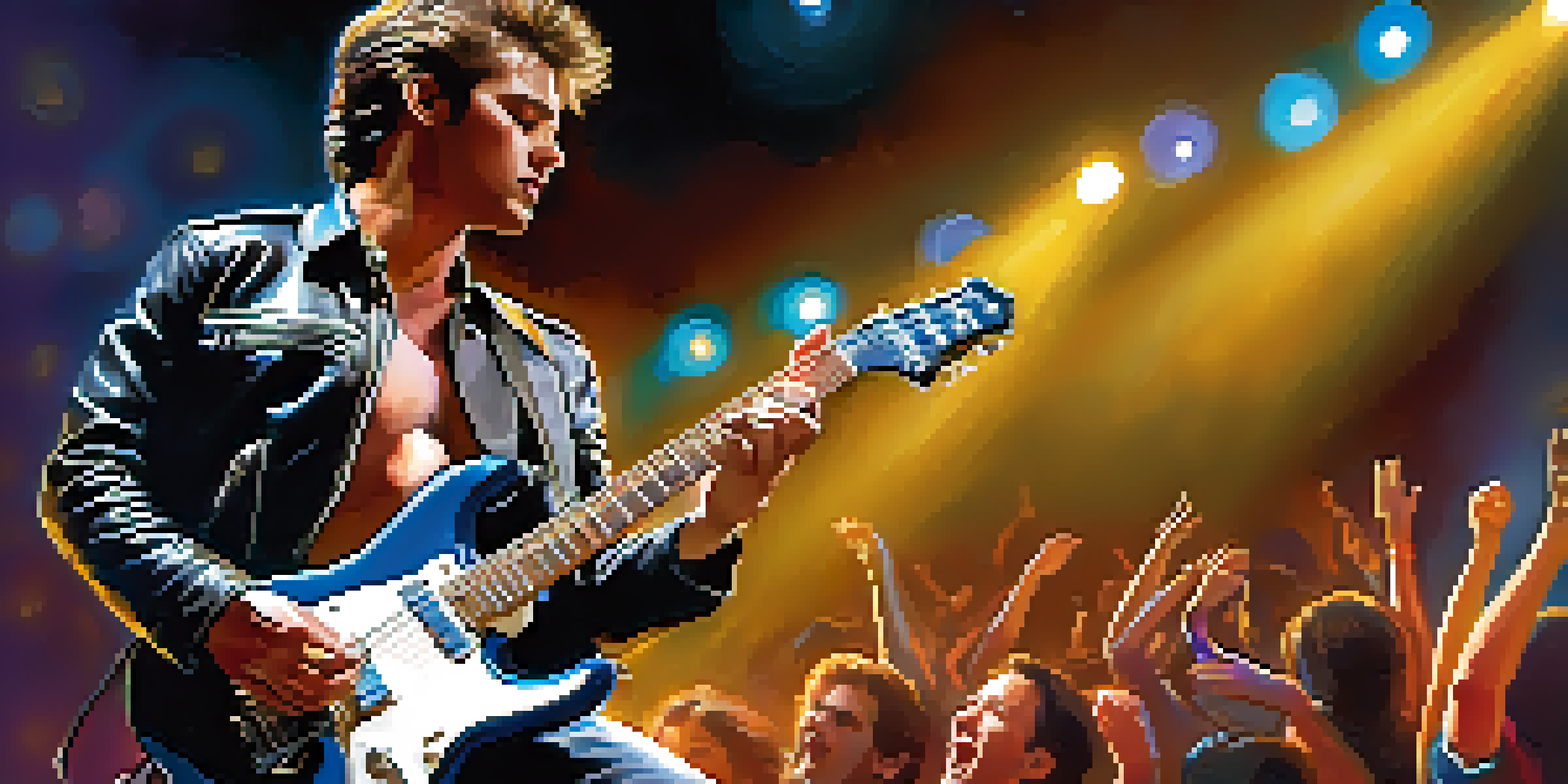 A passionate guitar player performing on stage with colorful lights and an engaged audience.