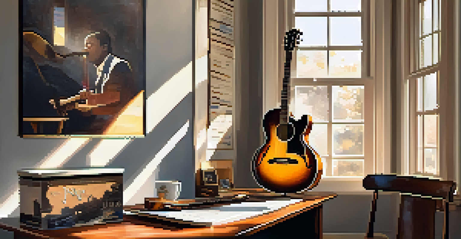 A cozy practice space for a jazz guitarist with a guitar, sheet music, and photographs of jazz musicians on the walls.