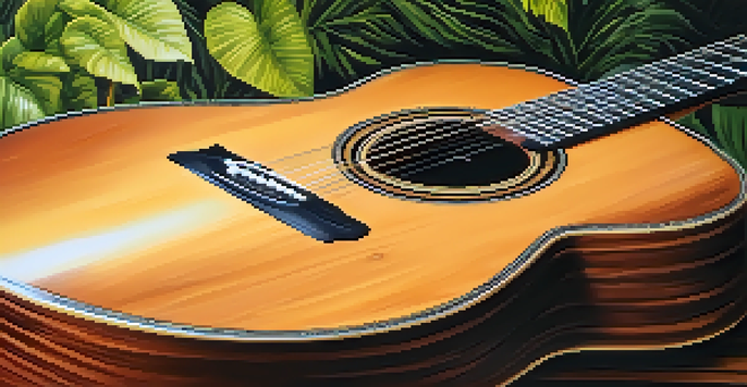A close-up of an acoustic guitar made from sustainable woods, resting on a wooden table with greenery in the background.