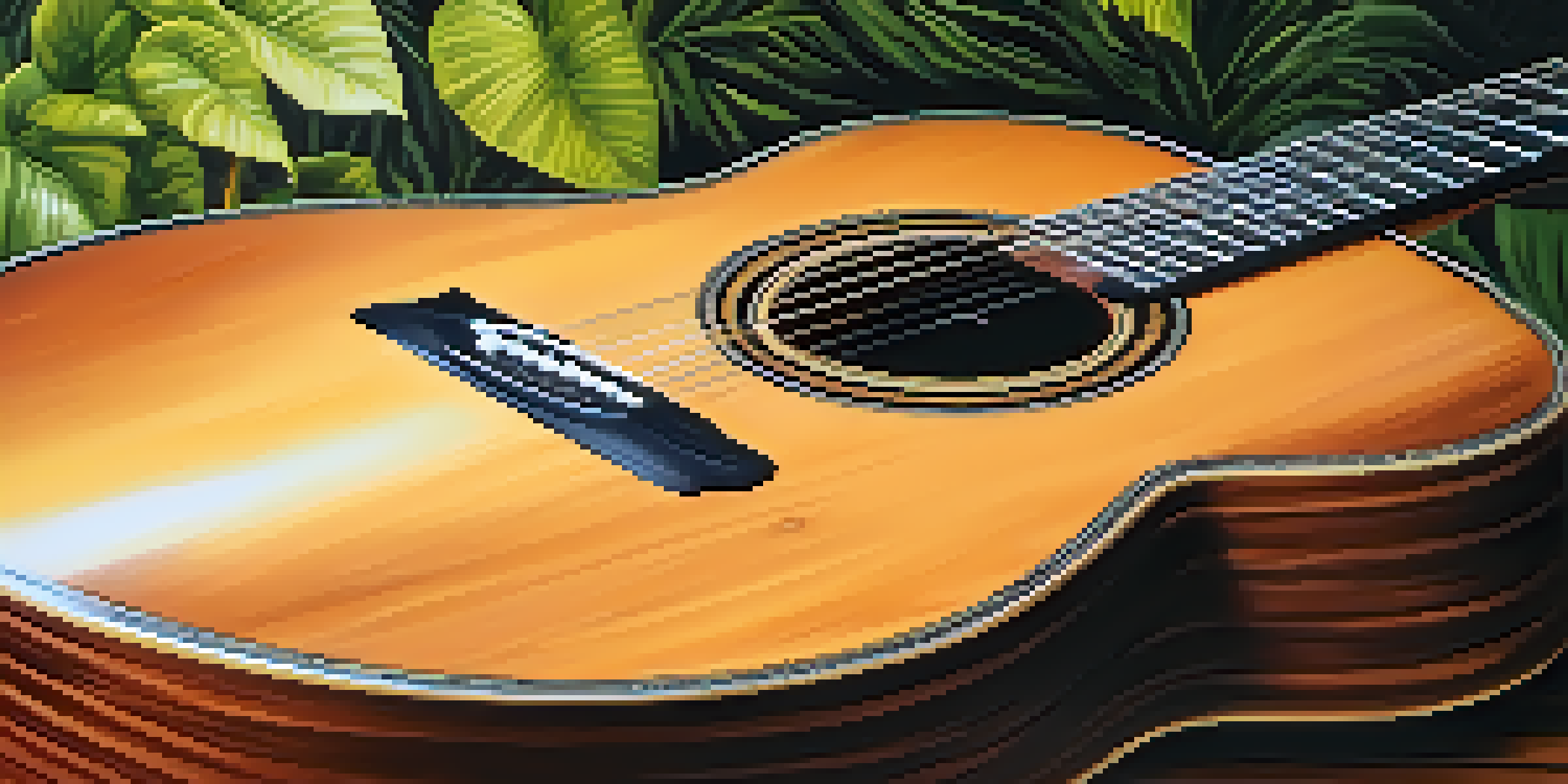 A close-up of an acoustic guitar made from sustainable woods, resting on a wooden table with greenery in the background.