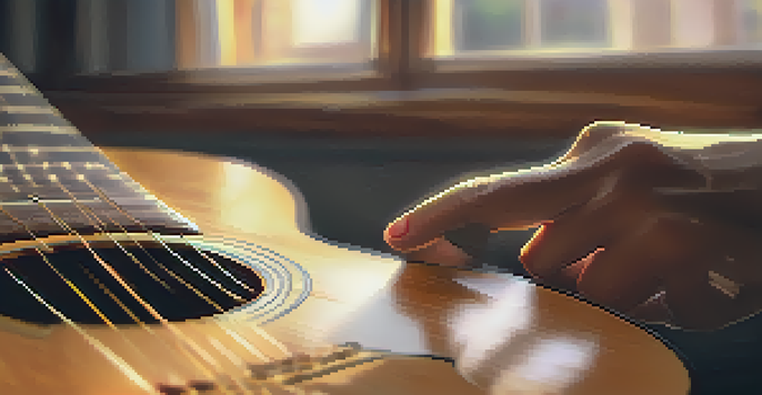 A close-up of a hand playing an acoustic guitar with fingerstyle technique, sunlight illuminating the guitar.