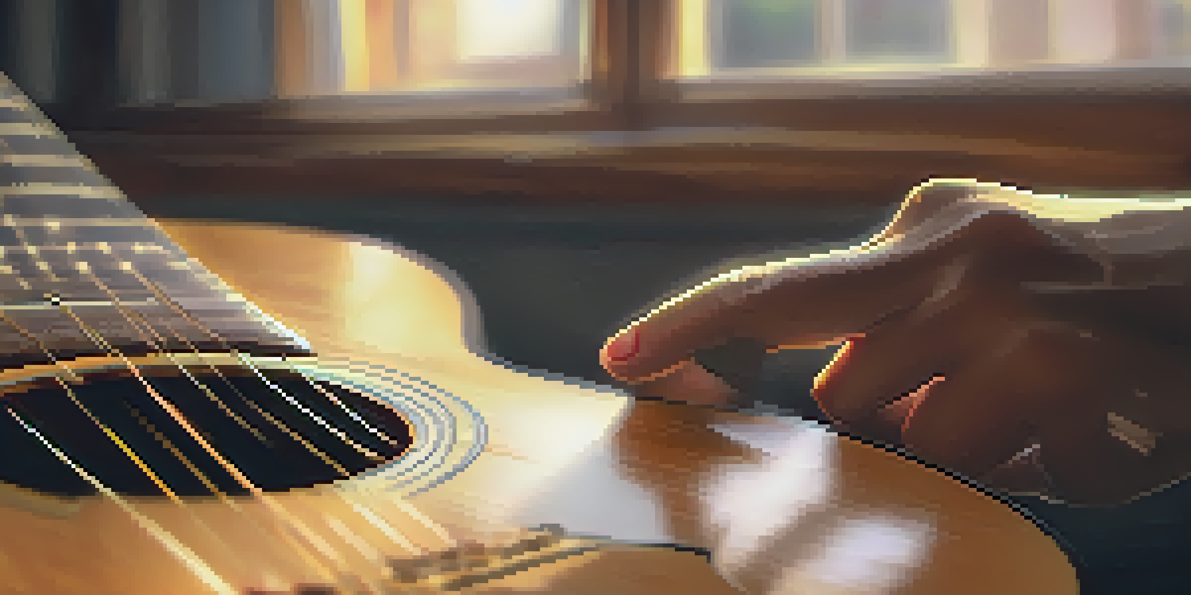 A close-up of a hand playing an acoustic guitar with fingerstyle technique, sunlight illuminating the guitar.