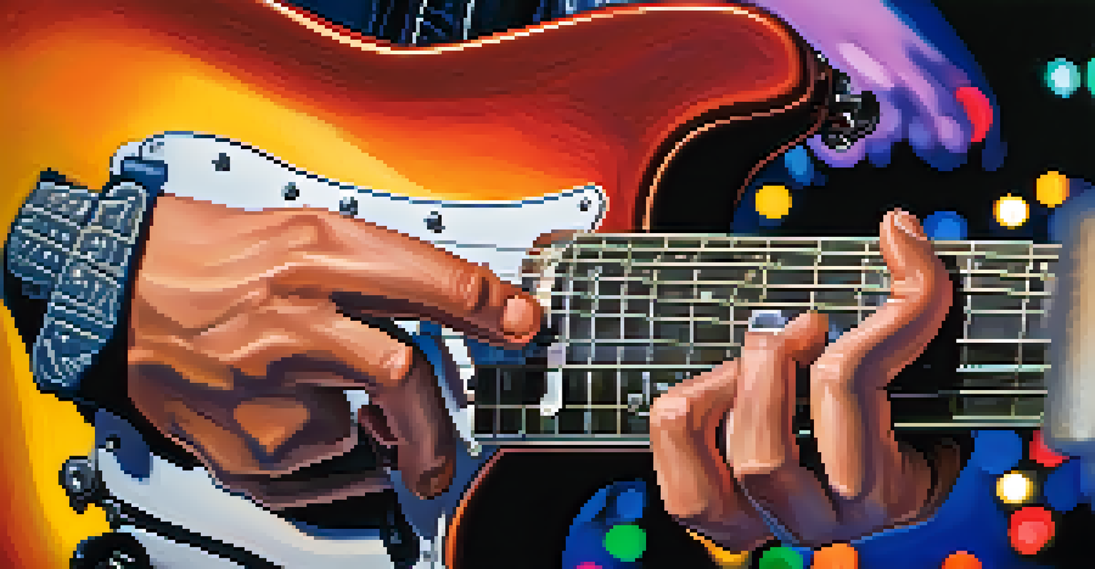 Close-up of a guitarist's hands on an electric guitar fretboard with colorful stage lights in the background.